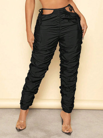 SXY Cut Out Waist Knot Side Ruched Pants