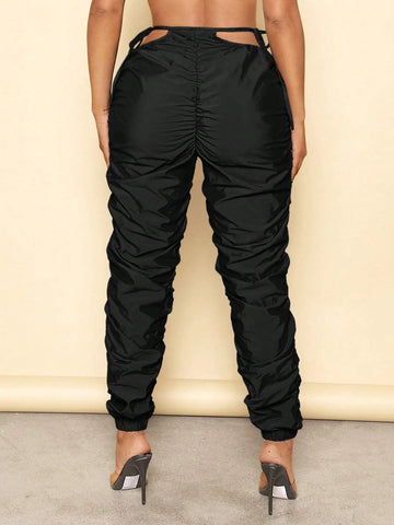 SXY Cut Out Waist Knot Side Ruched Pants