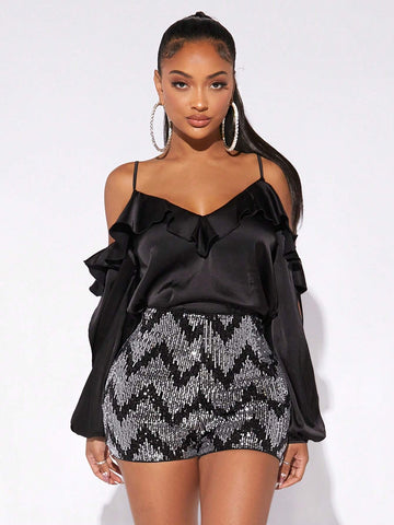 SXY Chevron Print Sequin Shorts