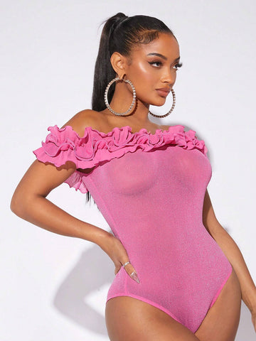 Off Shoulder Ruffle Trim Mesh Bodysuit