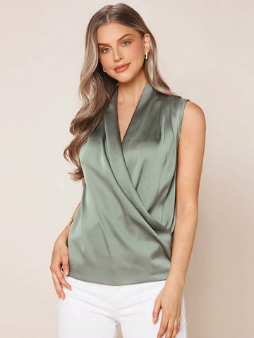 Solid Wrap Front Satin Top