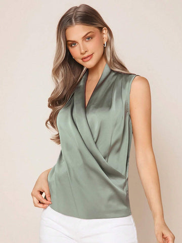 Solid Wrap Front Satin Top