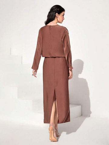 Contrast Panel Blouse & Split Back Skirt