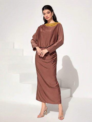 Contrast Panel Blouse & Split Back Skirt