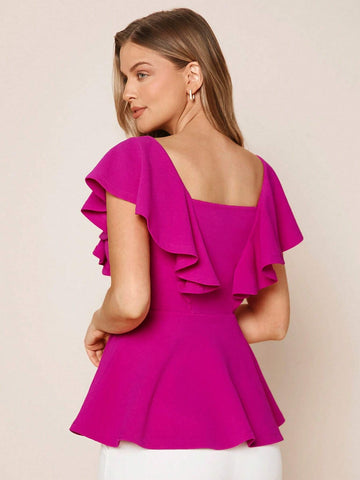 EMERY ROSE Chain Detail Ruffle Trim Peplum Tee