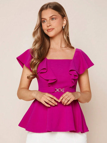 EMERY ROSE Chain Detail Ruffle Trim Peplum Tee