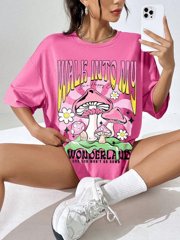 EZwear Mushroom & Slogan Graphic Drop Shoulder Tee