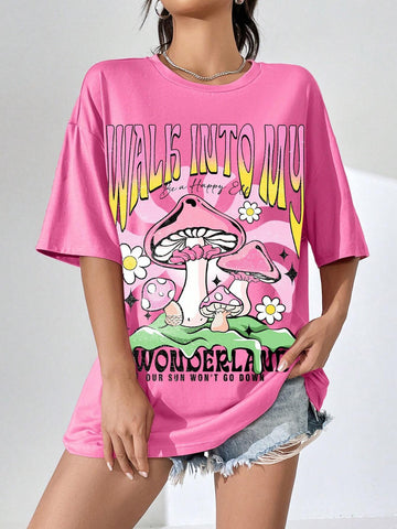 EZwear Mushroom & Slogan Graphic Drop Shoulder Tee