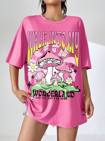 EZwear Mushroom & Slogan Graphic Drop Shoulder Tee