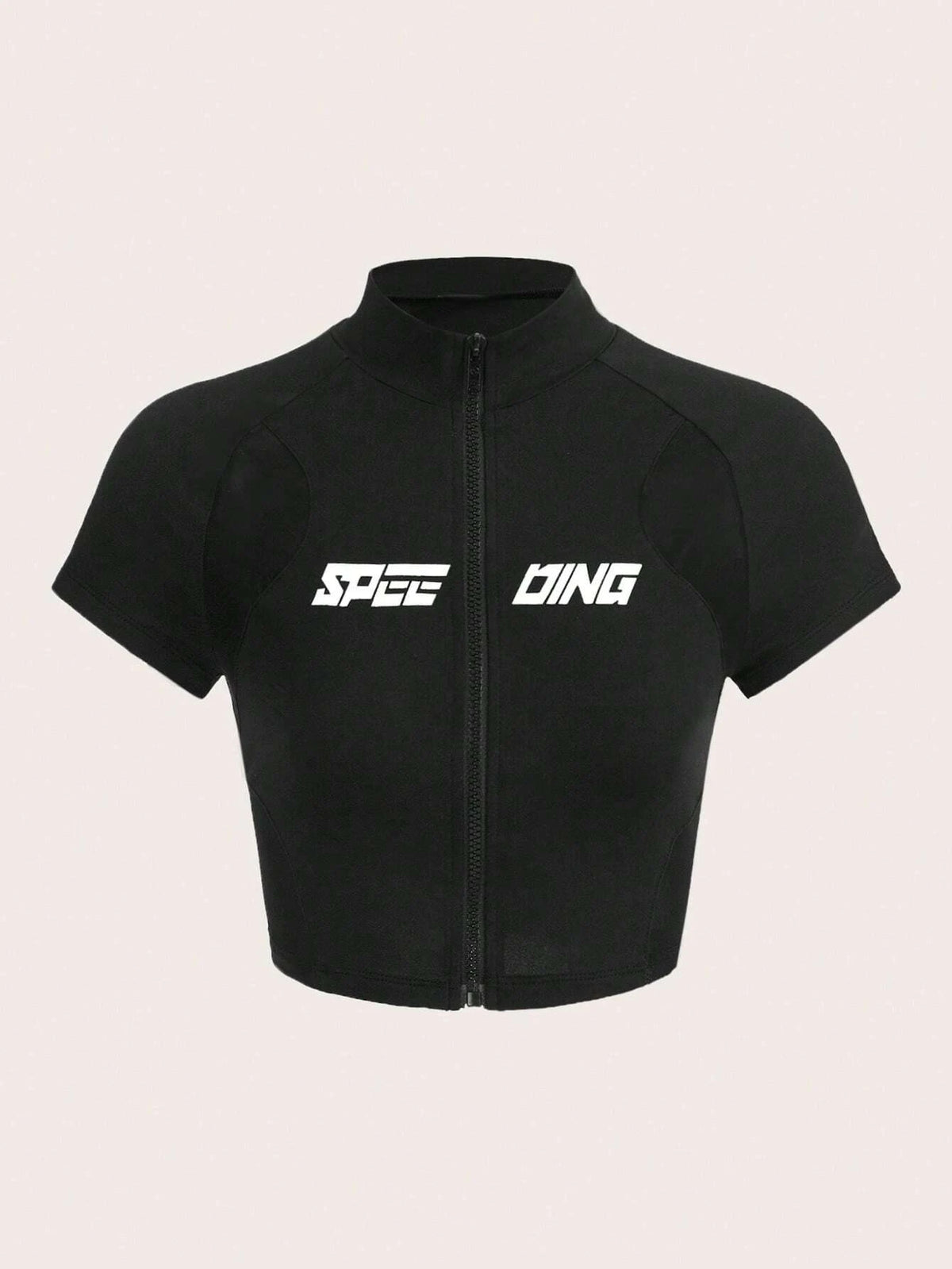 EZwear Letter Graphic Contrast Mesh Zip Up Crop Tee