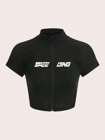 EZwear Letter Graphic Contrast Mesh Zip Up Crop Tee