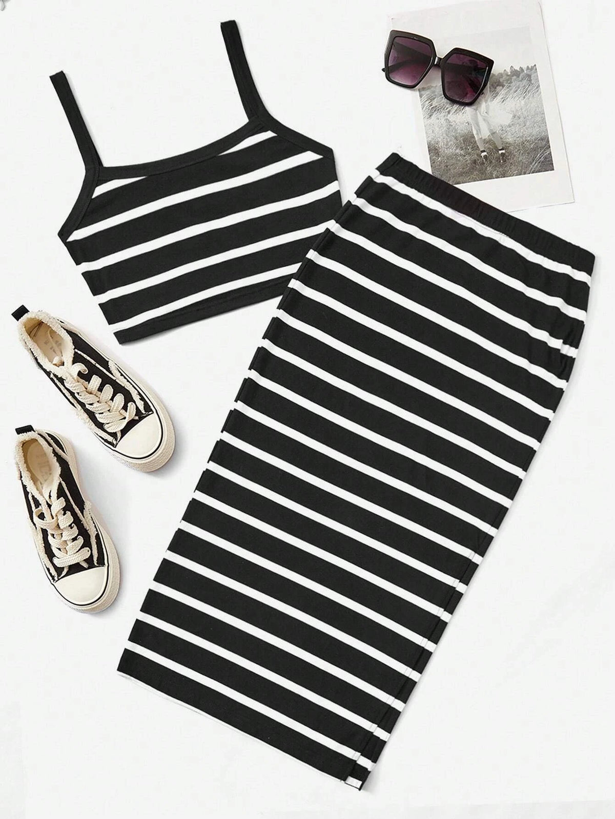 Striped Cami Top & Split Thigh Skirt