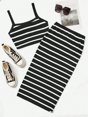 Striped Cami Top & Split Thigh Skirt