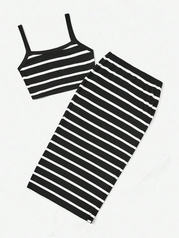 Striped Cami Top & Split Thigh Skirt