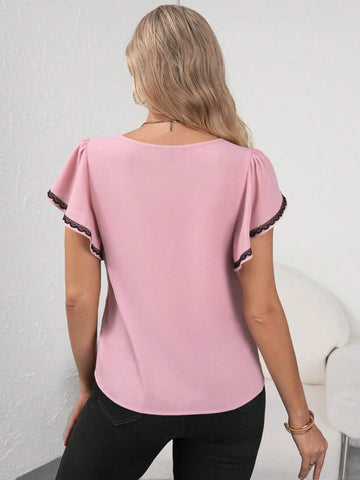 Contrast Lace Trim Butterfly Sleeve Blouse