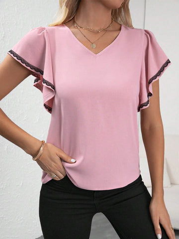Contrast Lace Trim Butterfly Sleeve Blouse