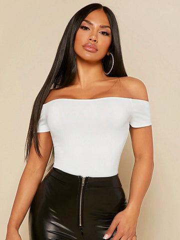 Off Shoulder Solid Bodysuit