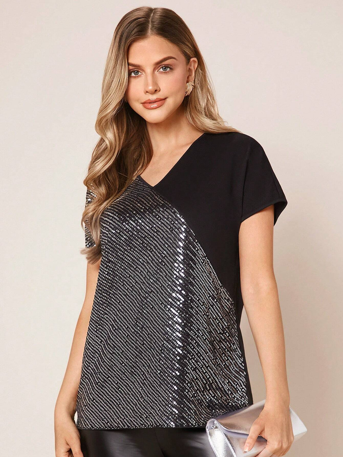 EMERY ROSE Contrast Sequin Panel Batwing Sleeve Tee
