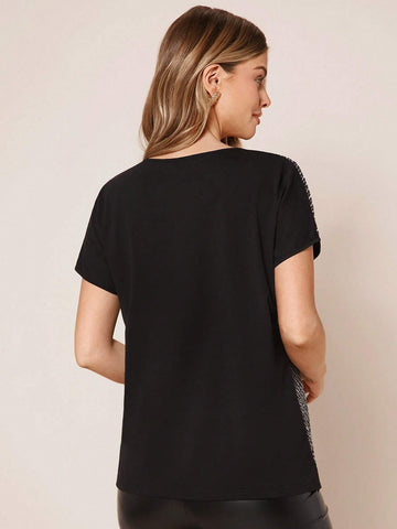 EMERY ROSE Contrast Sequin Panel Batwing Sleeve Tee