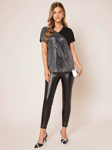 EMERY ROSE Contrast Sequin Panel Batwing Sleeve Tee
