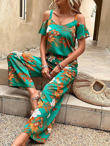 EMERY ROSE Tropical Print Cold Shoulder Top & Wide Leg Pants