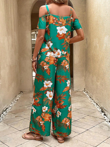 EMERY ROSE Tropical Print Cold Shoulder Top & Wide Leg Pants