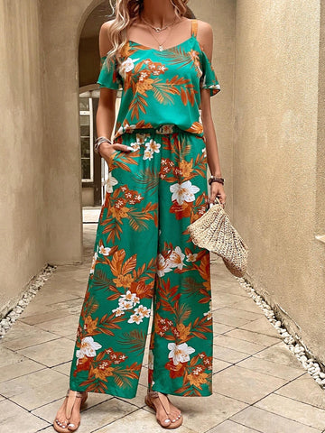 EMERY ROSE Tropical Print Cold Shoulder Top & Wide Leg Pants