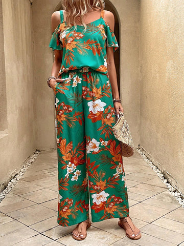 EMERY ROSE Tropical Print Cold Shoulder Top & Wide Leg Pants