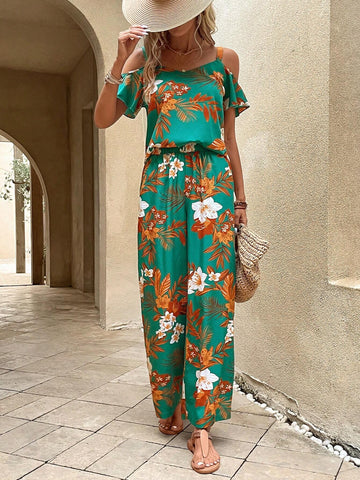 EMERY ROSE Tropical Print Cold Shoulder Top & Wide Leg Pants