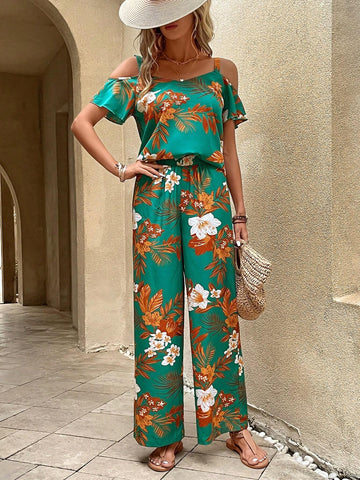 EMERY ROSE Tropical Print Cold Shoulder Top & Wide Leg Pants