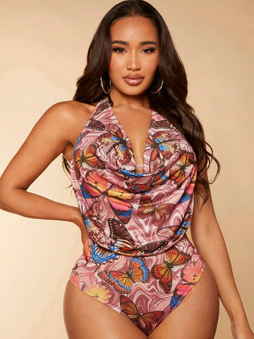 Butterfly Print Draped Front Backless Halter Bodysuit