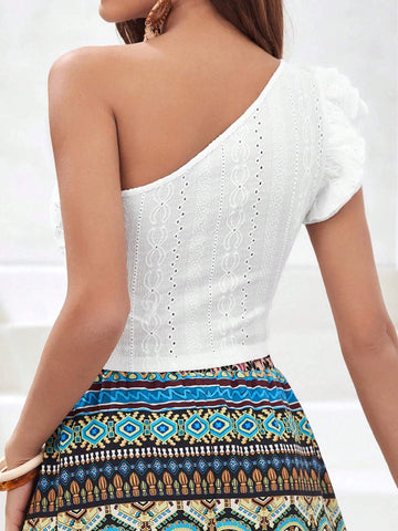 VCAY One Shoulder Eyelet Embroidery Ruffle Trim Crop Tee