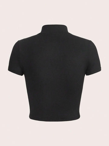 Letter Patched Detail Zip Up Crop Tee