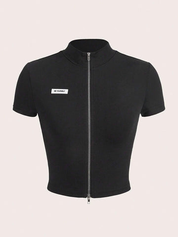 Letter Patched Detail Zip Up Crop Tee