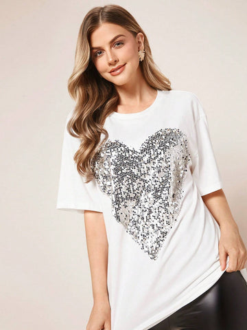 EMERY ROSE Heart Sequin Drop Shoulder Tee
