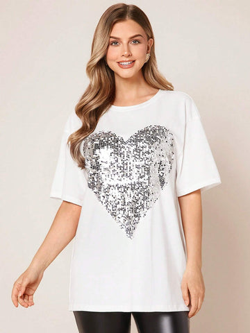 EMERY ROSE Heart Sequin Drop Shoulder Tee