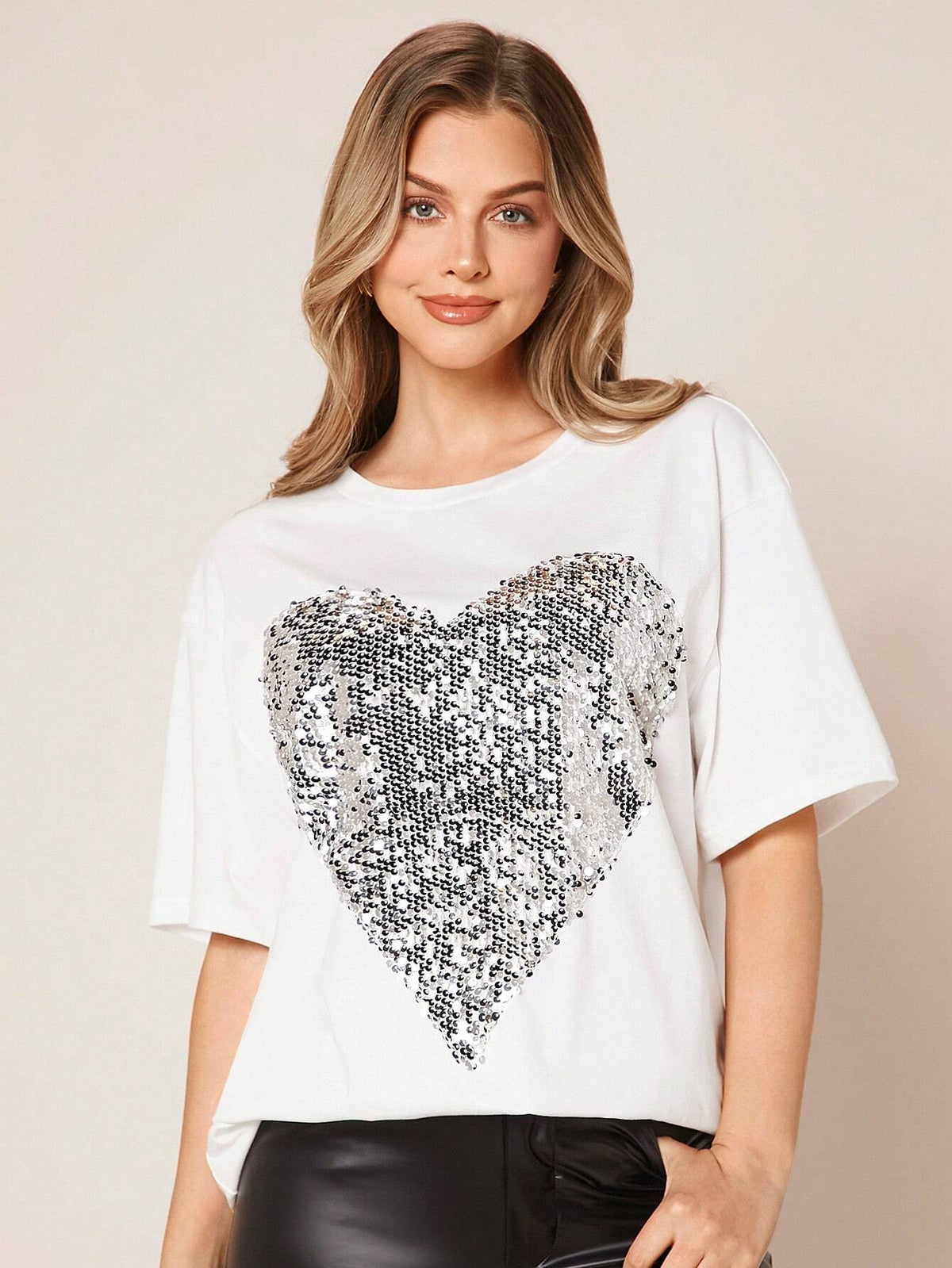 EMERY ROSE Heart Sequin Drop Shoulder Tee