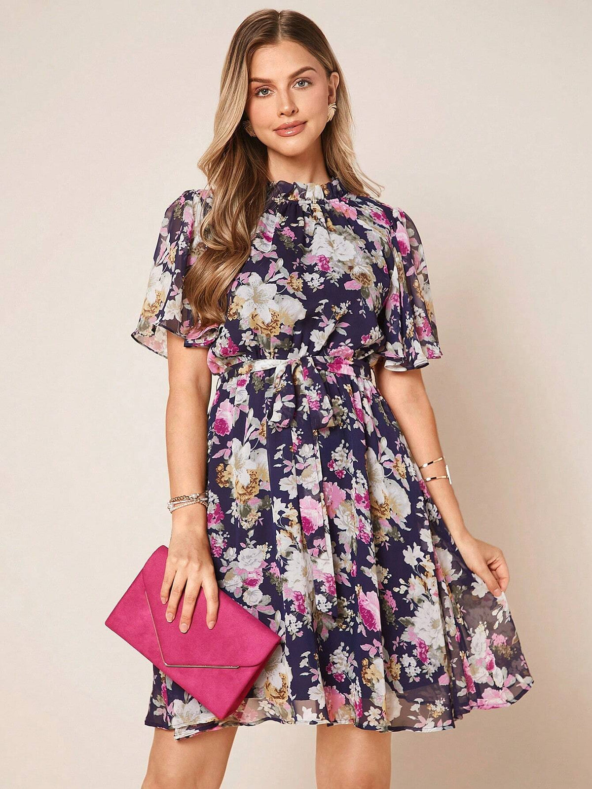 EMERY ROSE Floral Print Belted Chiffon Dress