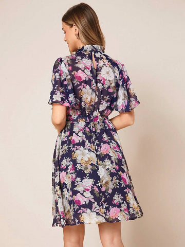 EMERY ROSE Floral Print Belted Chiffon Dress