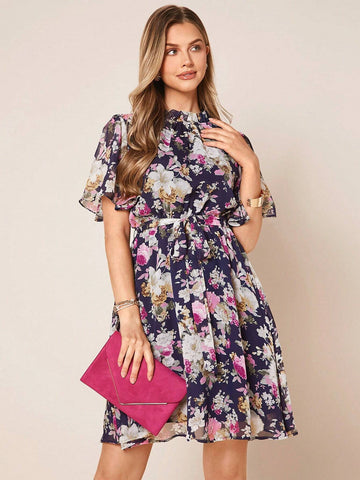 EMERY ROSE Floral Print Belted Chiffon Dress