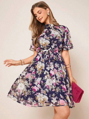 EMERY ROSE Floral Print Belted Chiffon Dress