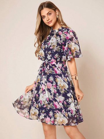 EMERY ROSE Floral Print Belted Chiffon Dress