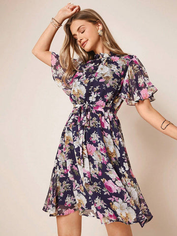 EMERY ROSE Floral Print Belted Chiffon Dress