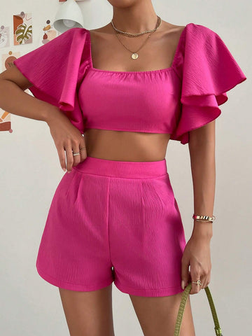 Square Neck Butterfly Sleeve Crop Top & Shorts