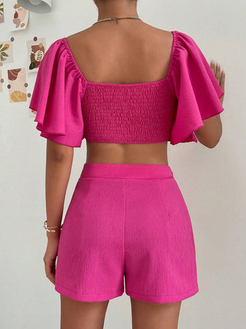 Square Neck Butterfly Sleeve Crop Top & Shorts