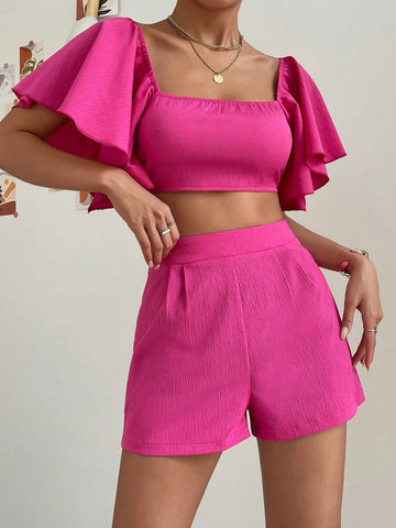 Square Neck Butterfly Sleeve Crop Top & Shorts