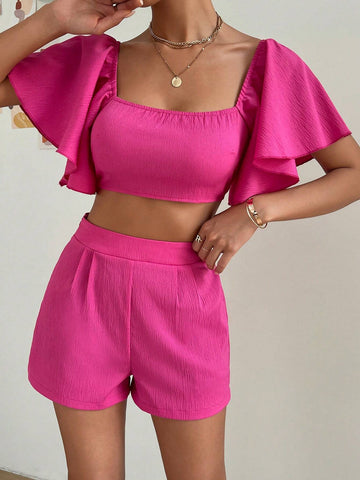 Square Neck Butterfly Sleeve Crop Top & Shorts