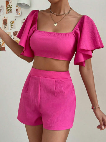 Square Neck Butterfly Sleeve Crop Top & Shorts
