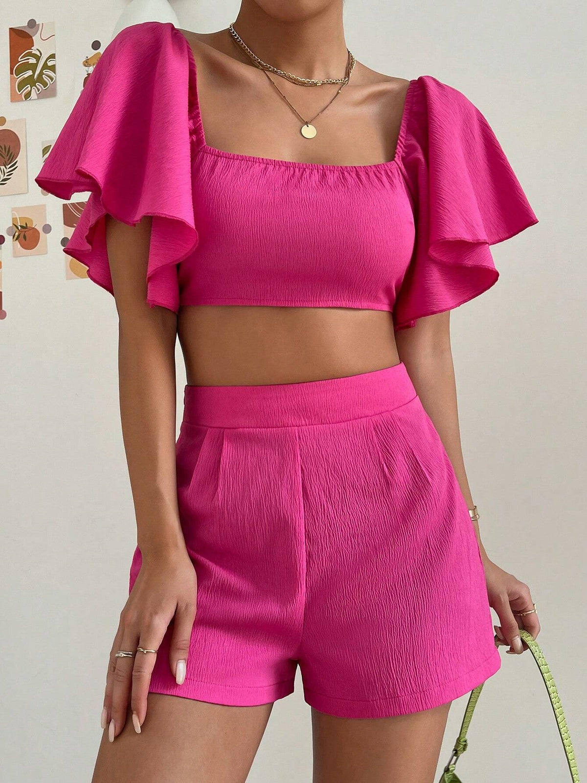 Square Neck Butterfly Sleeve Crop Top & Shorts