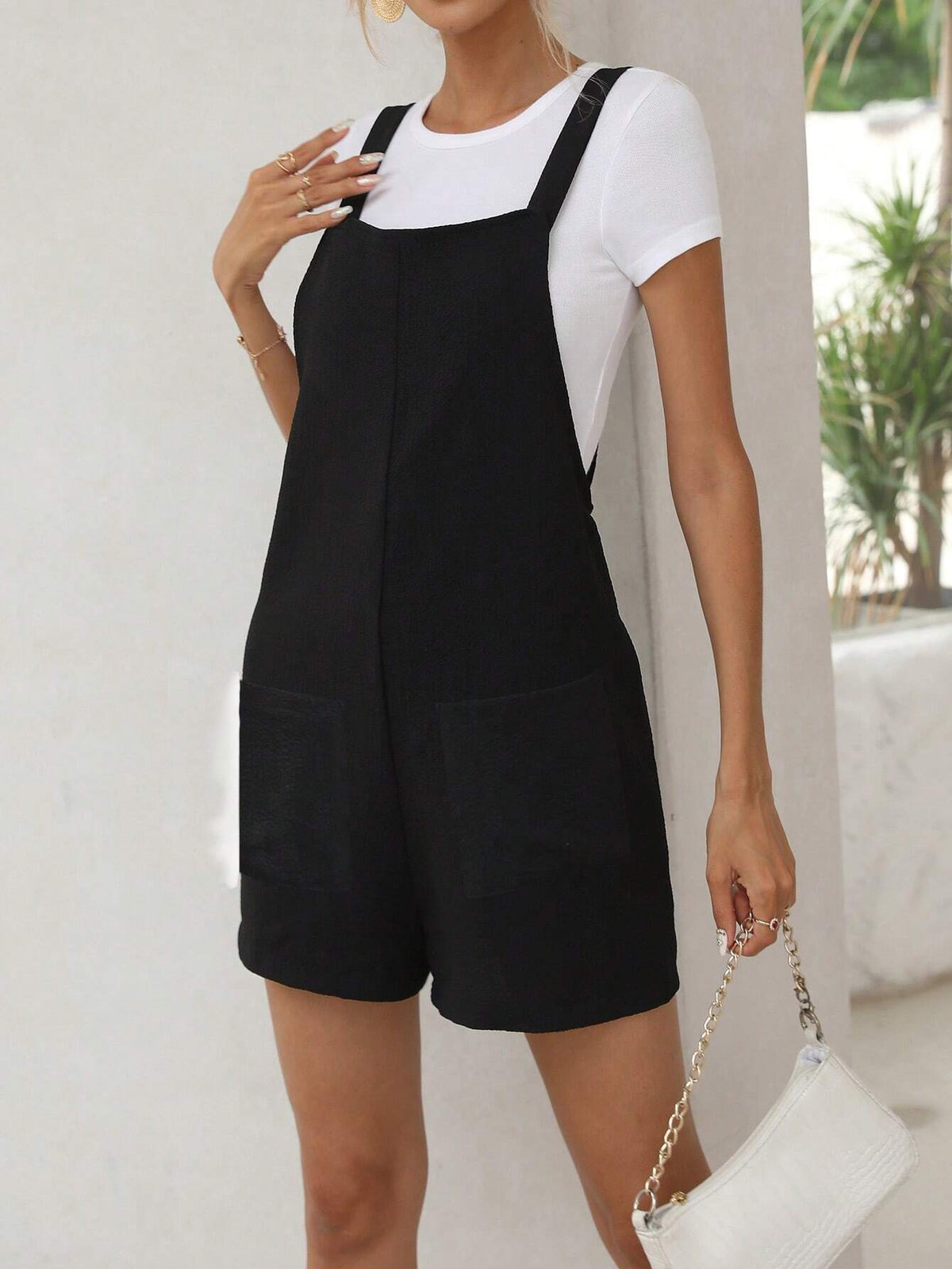 Solid Roll Hem Overall Romper Without Tee
